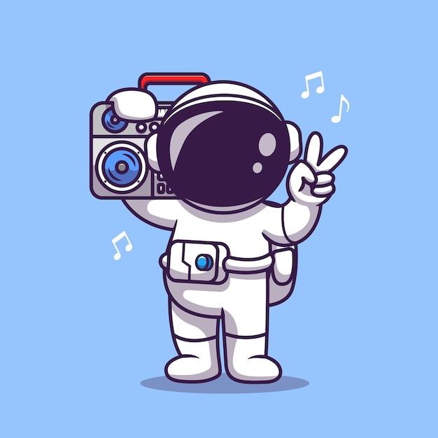 ラジカセ漫画アイコンイラストで音楽を聴いているかわいい宇宙飛行士 科学技術アイコンの概念 無料のベクター
