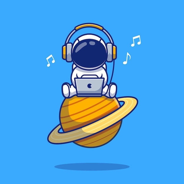 ノートパソコンとヘッドフォンの漫画アイコンイラストでかわいい宇宙飛行士が音楽を聴きます 分離されたスペースアイコンコンセプトプレミアム フラット漫画スタイル プレミアムベクター