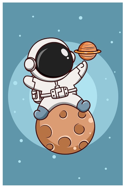 惑星土星漫画イラストと月のかわいい宇宙飛行士 プレミアムベクター