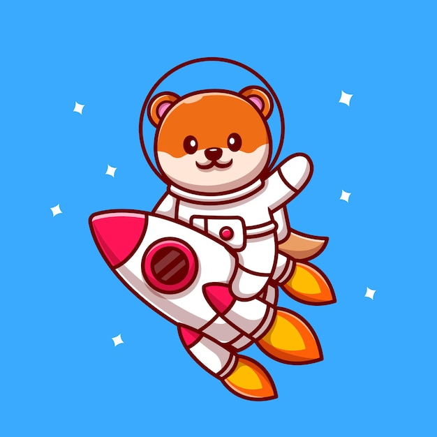 かわいい宇宙飛行士カワウソに乗ってロケット漫画アイコンイラスト プレミアムベクター