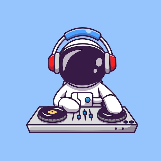ヘッドフォン漫画アイコンイラストでdj電子音楽を再生するかわいい宇宙飛行士 科学技術アイコンの概念 無料のベクター