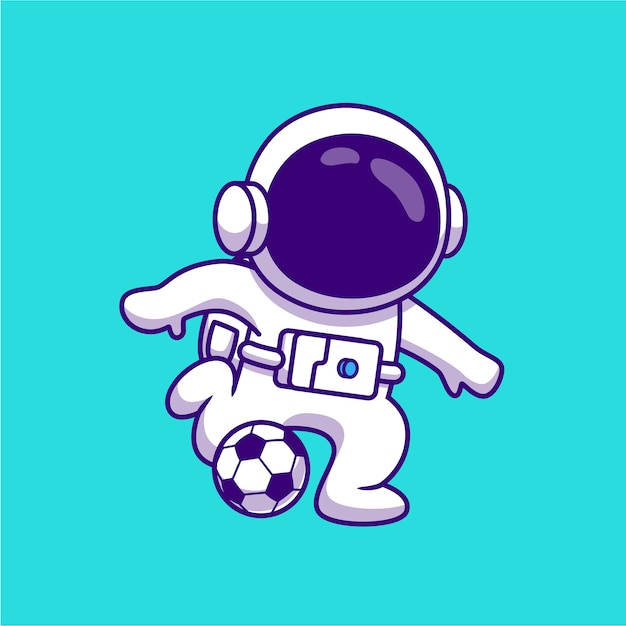 サッカーサッカー漫画イラストを再生するかわいい宇宙飛行士 科学スポーツコンセプト分離フラット漫画 プレミアムベクター