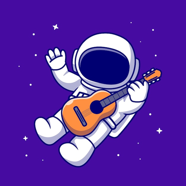 宇宙でギターを弾くかわいい宇宙飛行士漫画アイコンイラスト 科学音楽アイコン分離 フラット漫画スタイル プレミアムベクター