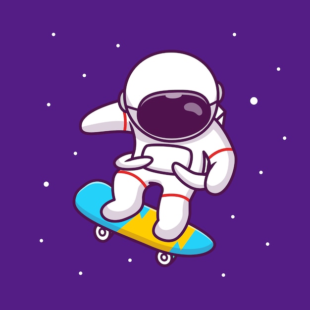 宇宙漫画アイコンイラストでスケートボードを遊んでいるかわいい宇宙飛行士 人科学空間アイコンコンセプト分離プレミアム フラット漫画スタイル プレミアムベクター