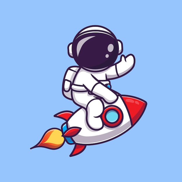 かわいい宇宙飛行士がロケットに乗って手を振る漫画アイコンイラスト 科学技術アイコンの概念 無料のベクター