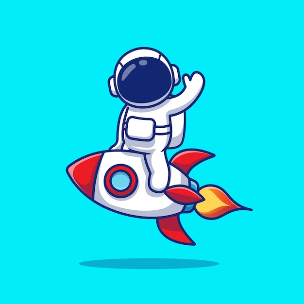 かわいい宇宙飛行士がロケットに乗って手を振って漫画イラスト プレミアムベクター