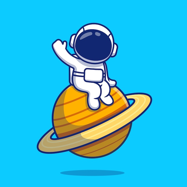 손 만화 그림을 흔들며 행성에 앉아 귀여운 우주 비행사. 공간 아이콘 개념 | 프리미엄 벡터