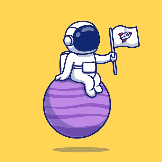 Premium Vector | Cute astronaut sitting on planet holding flag cartoon