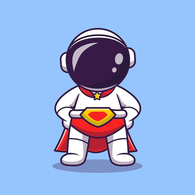 かわいい宇宙飛行士のスーパーヒーローの漫画イラスト 科学技術アイコンの概念 フラット漫画スタイル プレミアムベクター