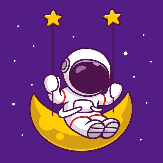 Cute astronaut swing on the moon cartoon icon illustration. people