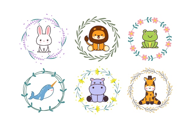 Premium Vector Cute Baby Animal With Floral Wreath Or Flower Border Cartoon Hand Drawn Style