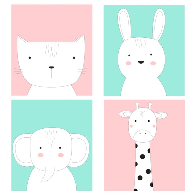 Cute baby animals card hand drawn style Premium Vector