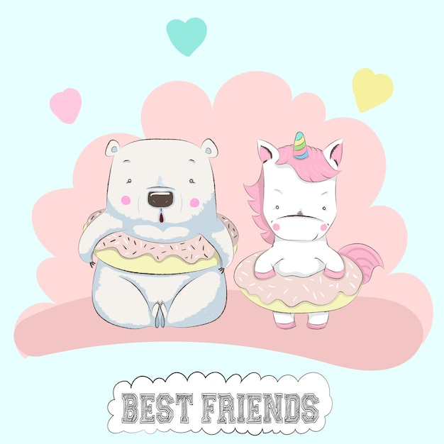 Premium Vector Cute Baby Bear And Unicorn Friends Cartoon Hand Drawn