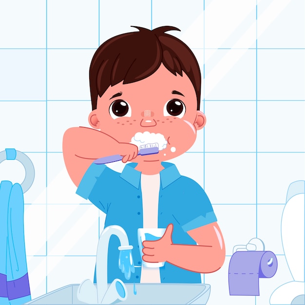 朝の彼女の歯を磨くかわいい男の子。日常生活歯科衛生。 無料のベクター