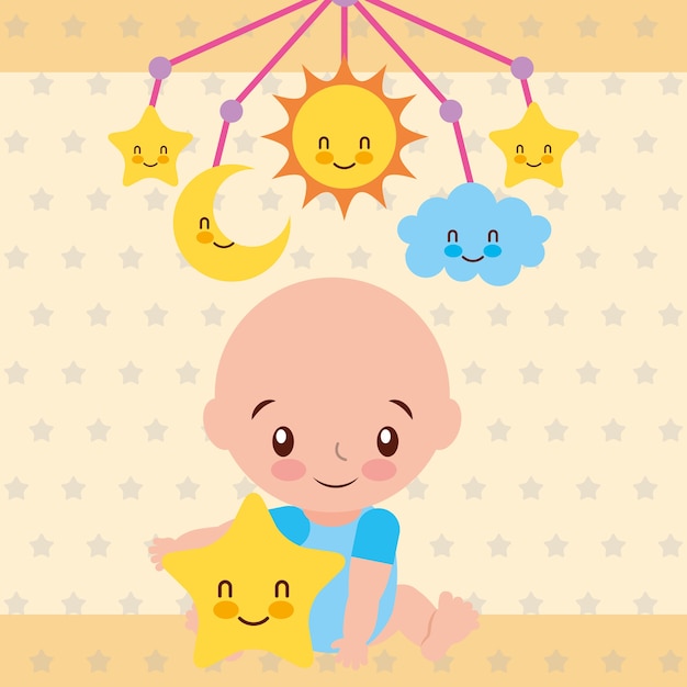 Cute Baby Boy Sitting With Star And Crib Mobile Premium Vector