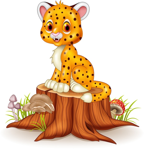 Premium Vector Cute Baby Cheetah Sitting On Tree Stump