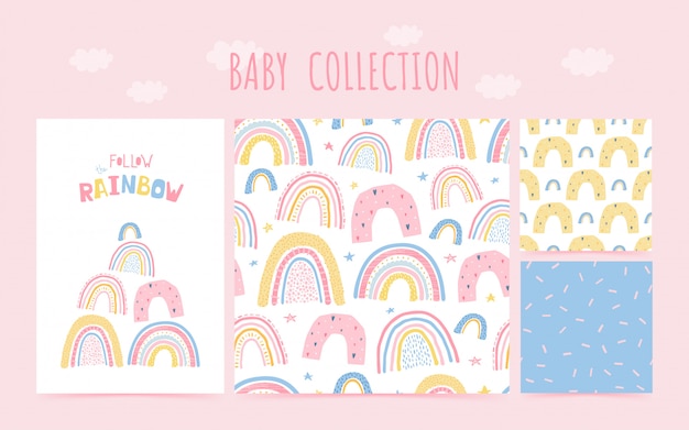 虹とレタリングポスターでかわいい赤ちゃんコレクションシームレスパターン虹に従ってください 子供の部屋のデザインの手描きスタイルの背景 図 プレミアムベクター