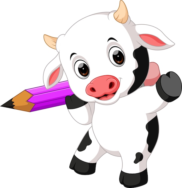 Download Cute baby cow holding pencil | Premium Vector