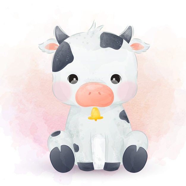 かわいい赤ちゃん牛の水彩イラスト プレミアムベクター