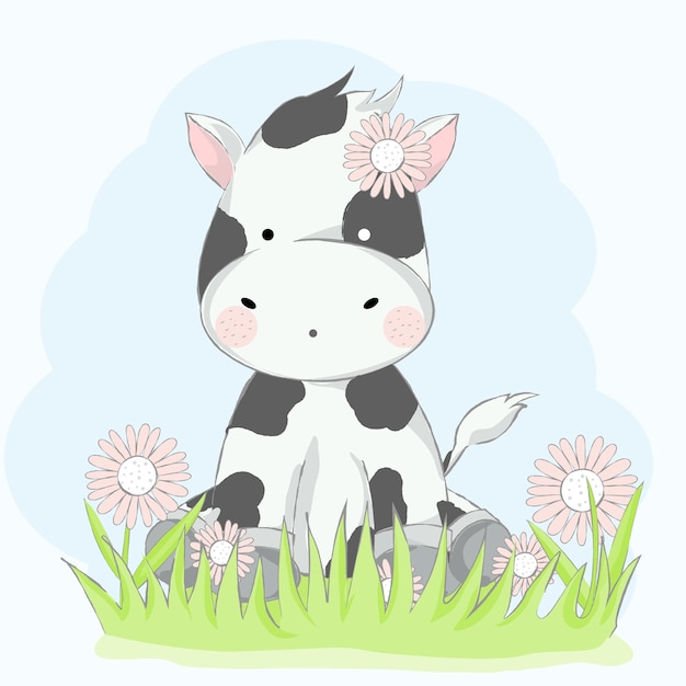 Download Cute baby cow with flower cartoon hand drawn style Vector ...