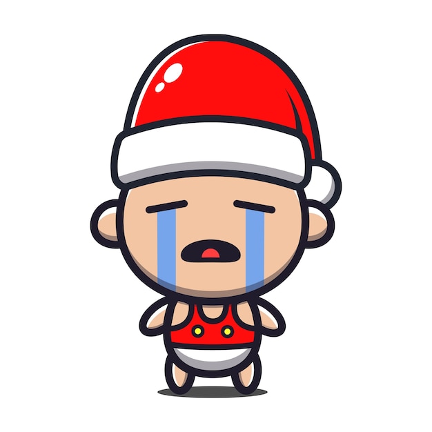 泣いているかわいい赤ちゃんはサンタ帽子の漫画イラストを着ています クリスマスのコンセプト プレミアムベクター