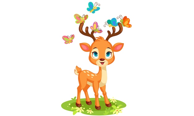 かわいい赤ちゃん鹿と蝶ベクトルイラスト 無料のベクター