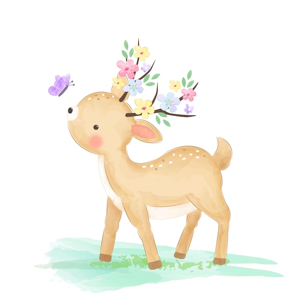 Download Cute baby deer playing in the garden with butterfly Vector ...
