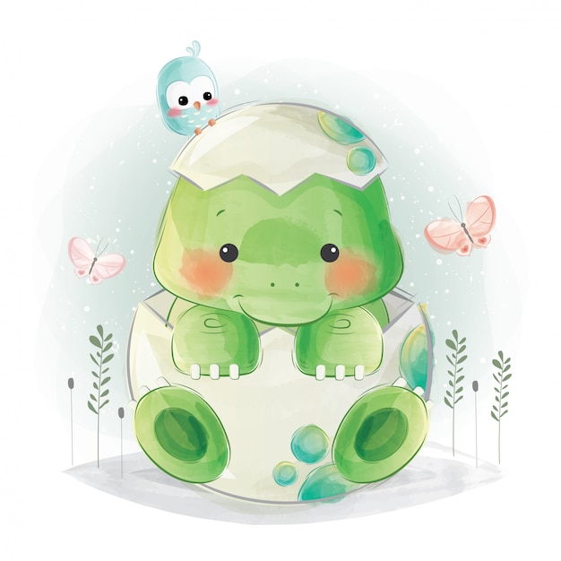 Download Cute baby dino in colorful egg Vector | Premium Download