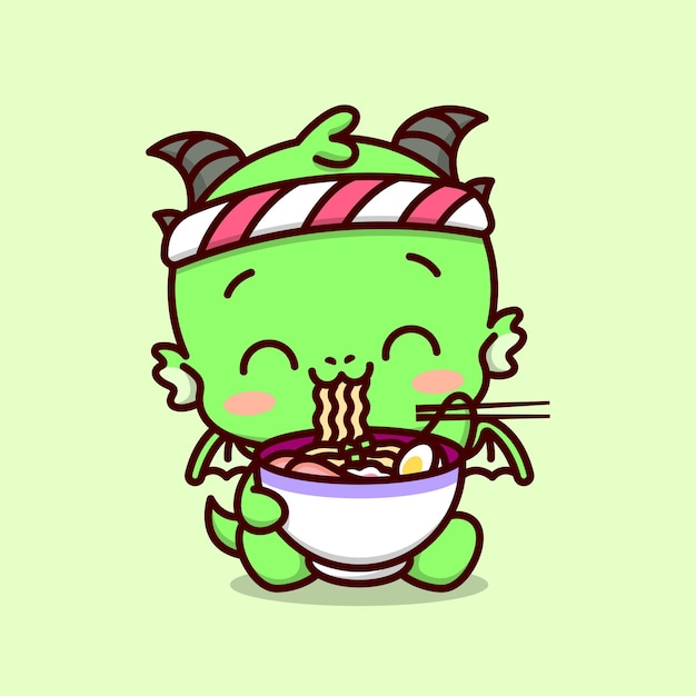 Premium Vector | Cute baby dragon wearing japanese headband and eating ...