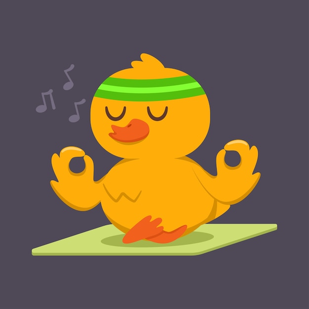 Cute baby duck doing yoga exercise. funny  bird character in lotus pose isolated on a background. sport and fitness  . Premium Vector