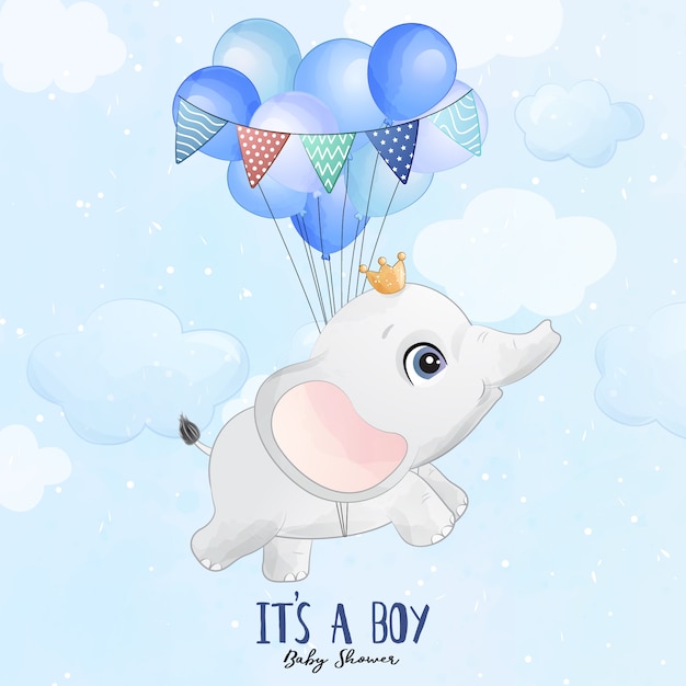 Premium Vector | Cute baby elephant flying with balloon ...