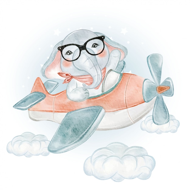 Premium Vector | Cute baby elephant on a plane on the clouds