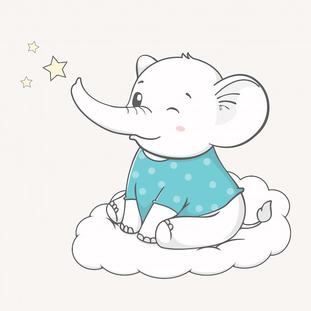 Cute baby elephant sit on the cloud cartoon hand drawn ...