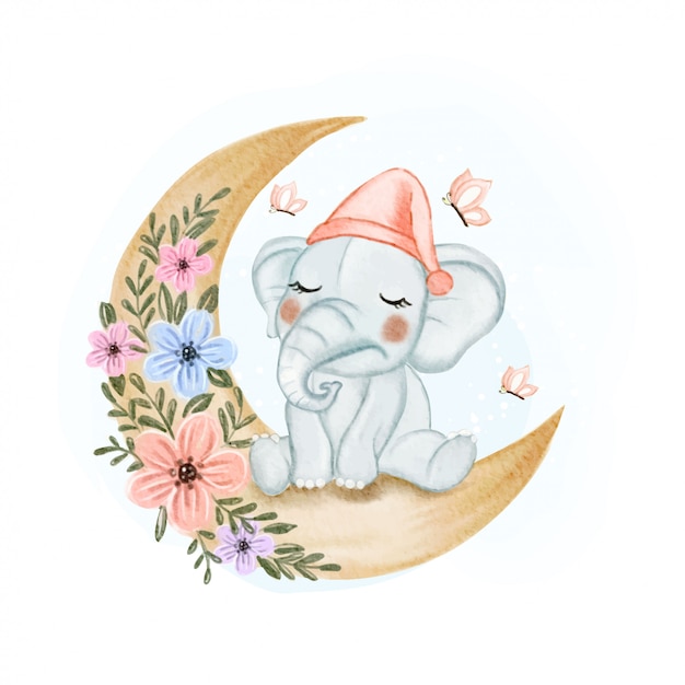 月花水彩イラストで眠そうなかわいい象の赤ちゃん プレミアムベクター