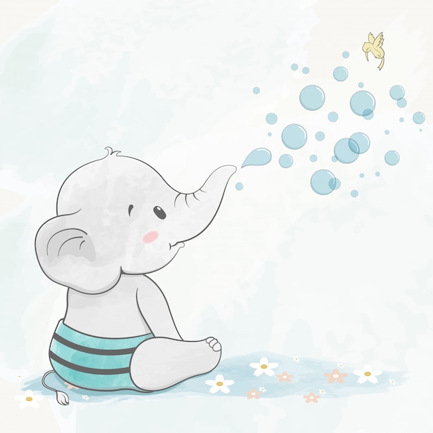 Premium Vector | Cute baby elephant with air bubbles water ...