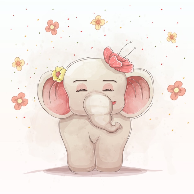 Premium Vector | Cute baby elephant with beautiful flowers