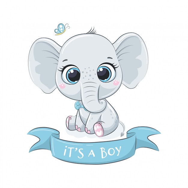 Premium Vector | Cute baby elephant with phrase "it's a boy"