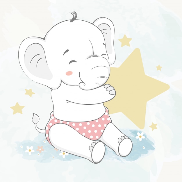星の水色漫画手描きイラストとかわいい赤ちゃん象 プレミアムベクター