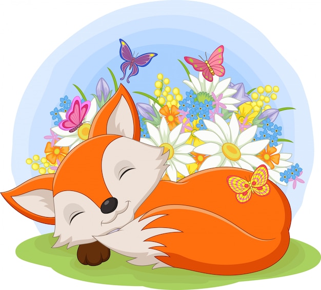 Download Premium Vector | Cute baby fox sleeping in the grass among the flowers
