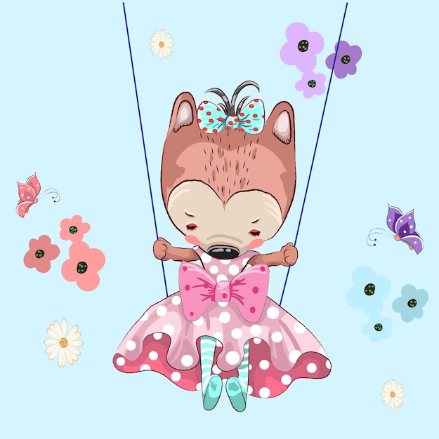 Download Cute baby fox on a swing | Premium Vector