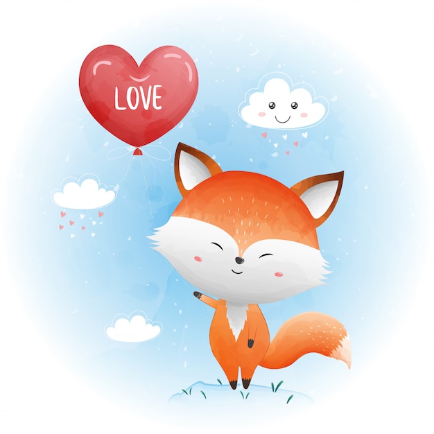 Download Cute baby fox with red heart balloon. | Premium Vector