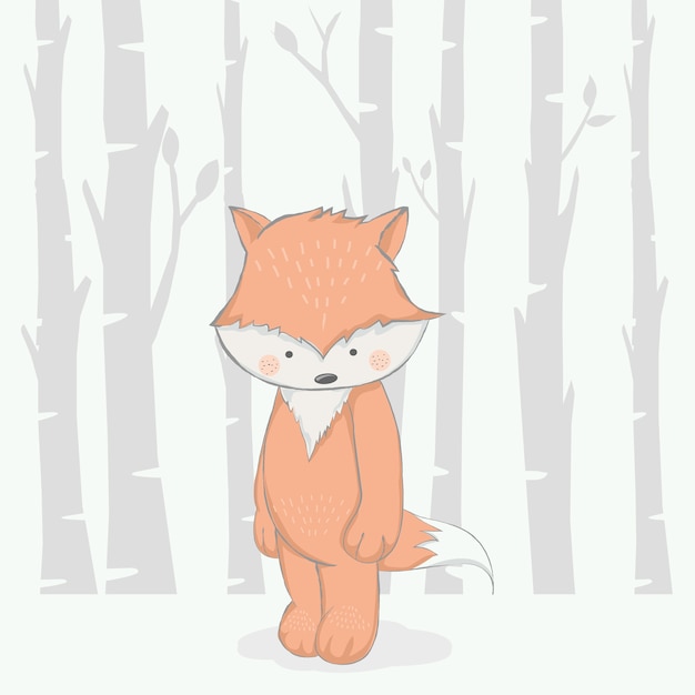 Download Cute baby fox with tree cartoon hand drawn style Vector ...