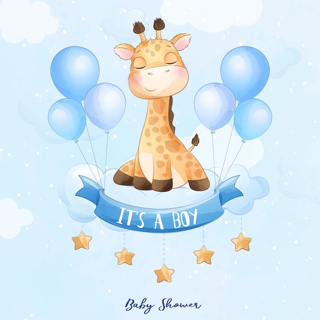Cute baby giraffe sitting in the cloud with watercolor ...
