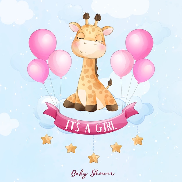 Download Cute baby giraffe sitting in the cloud with watercolor illustration | Premium Vector