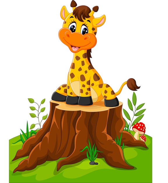 Download Cute baby giraffe sitting on tree stump | Premium Vector