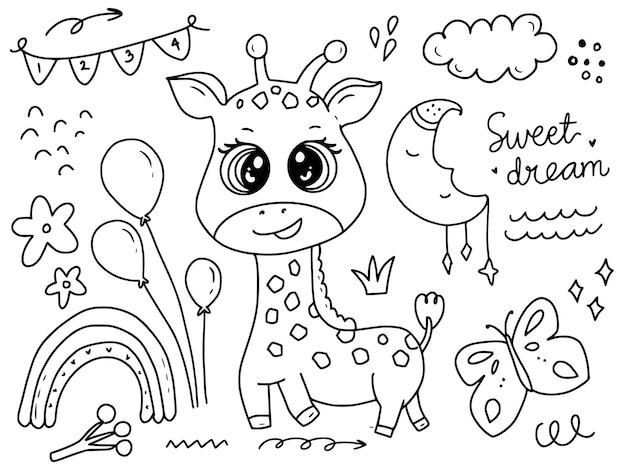 Premium Vector Cute Baby Giraffe With Balloons Doodle Drawing Coloring Page Illustration Cartoon