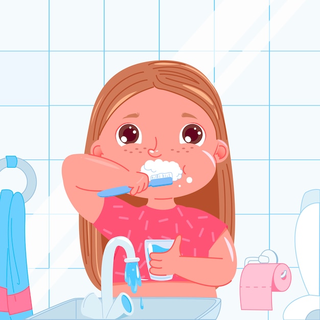 Free Vector | Cute baby girl brushing her teeth in the morning. daily ...