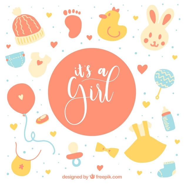 Cute baby girl card with toys and
clothes