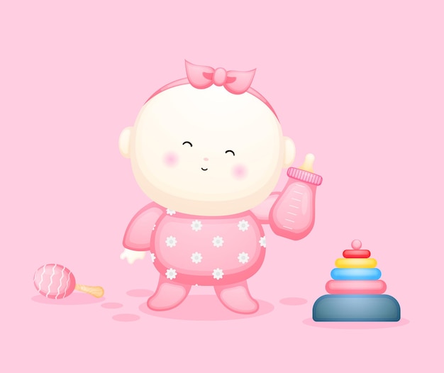 おしゃぶりの漫画のキャラクターを保持しているかわいい女の赤ちゃん 赤ちゃんのコンセプトイラストプレミアムベクトル プレミアムベクター
