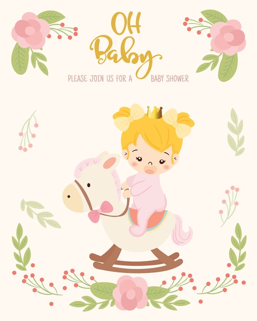 Download Cute baby girl play rocking horse | Premium Vector
